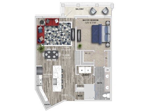 903 Square ft 1bed 1 bath 3D floor plan at St Mary's Square North Apartments, Raleigh